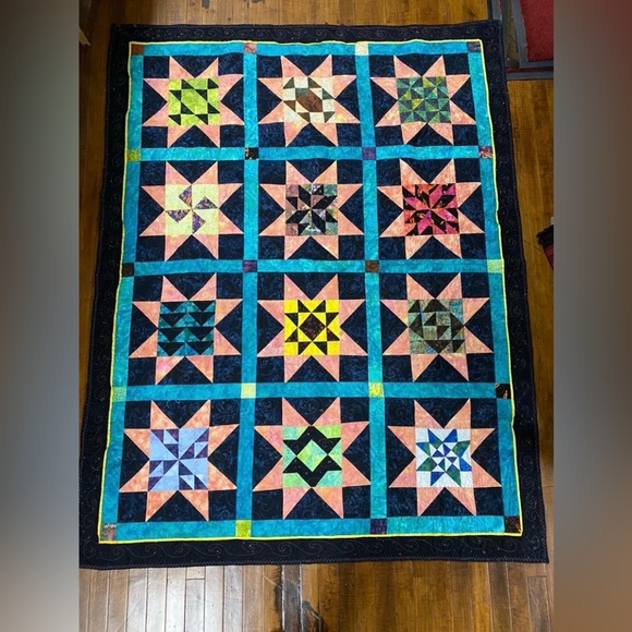 Handmade Other - Sawtooth Star Sampler Batik Lap/Throw Quilt 58” x 74”